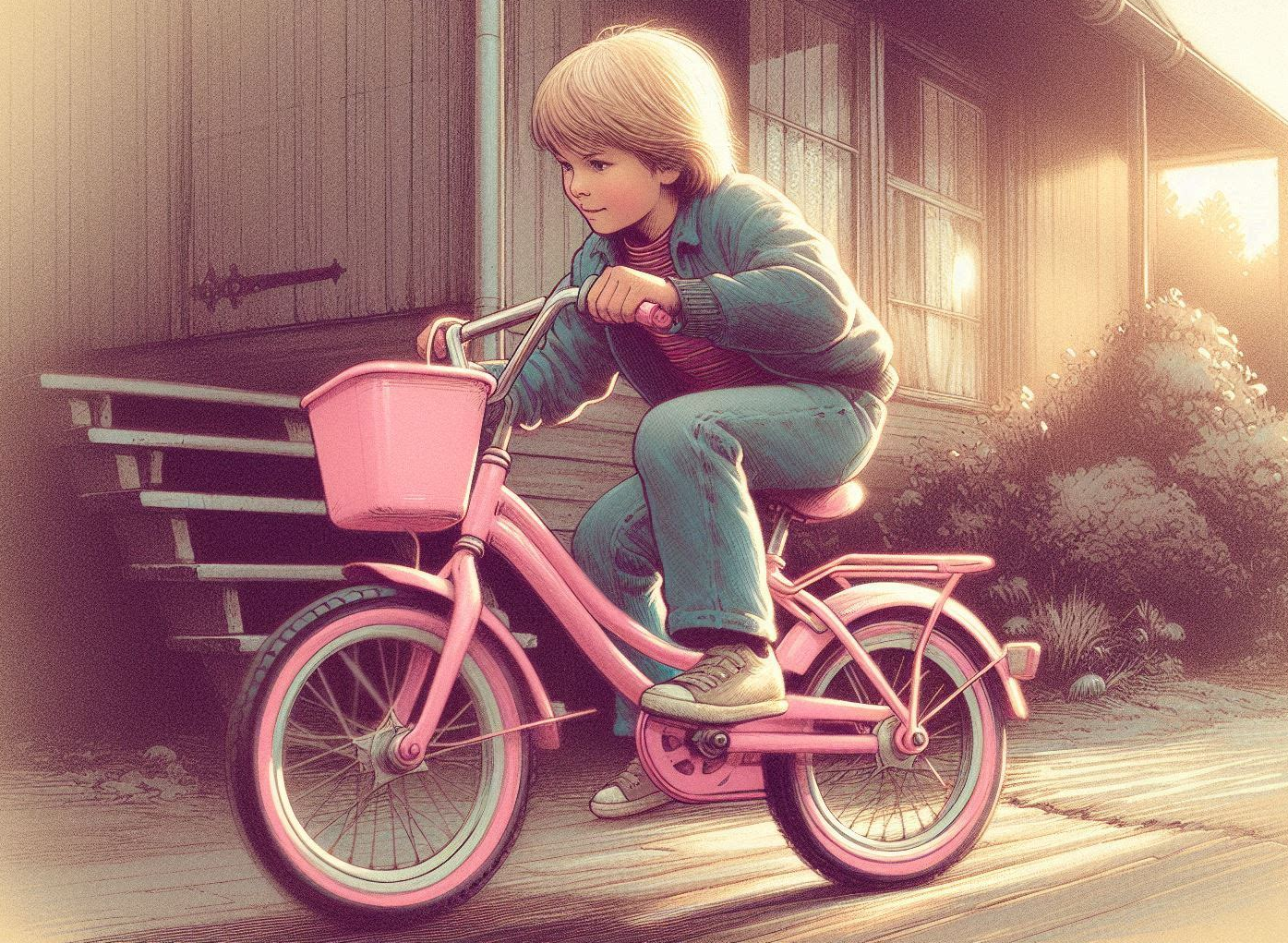Illustration of a blond boy from the 1980s riding a pink bicycle